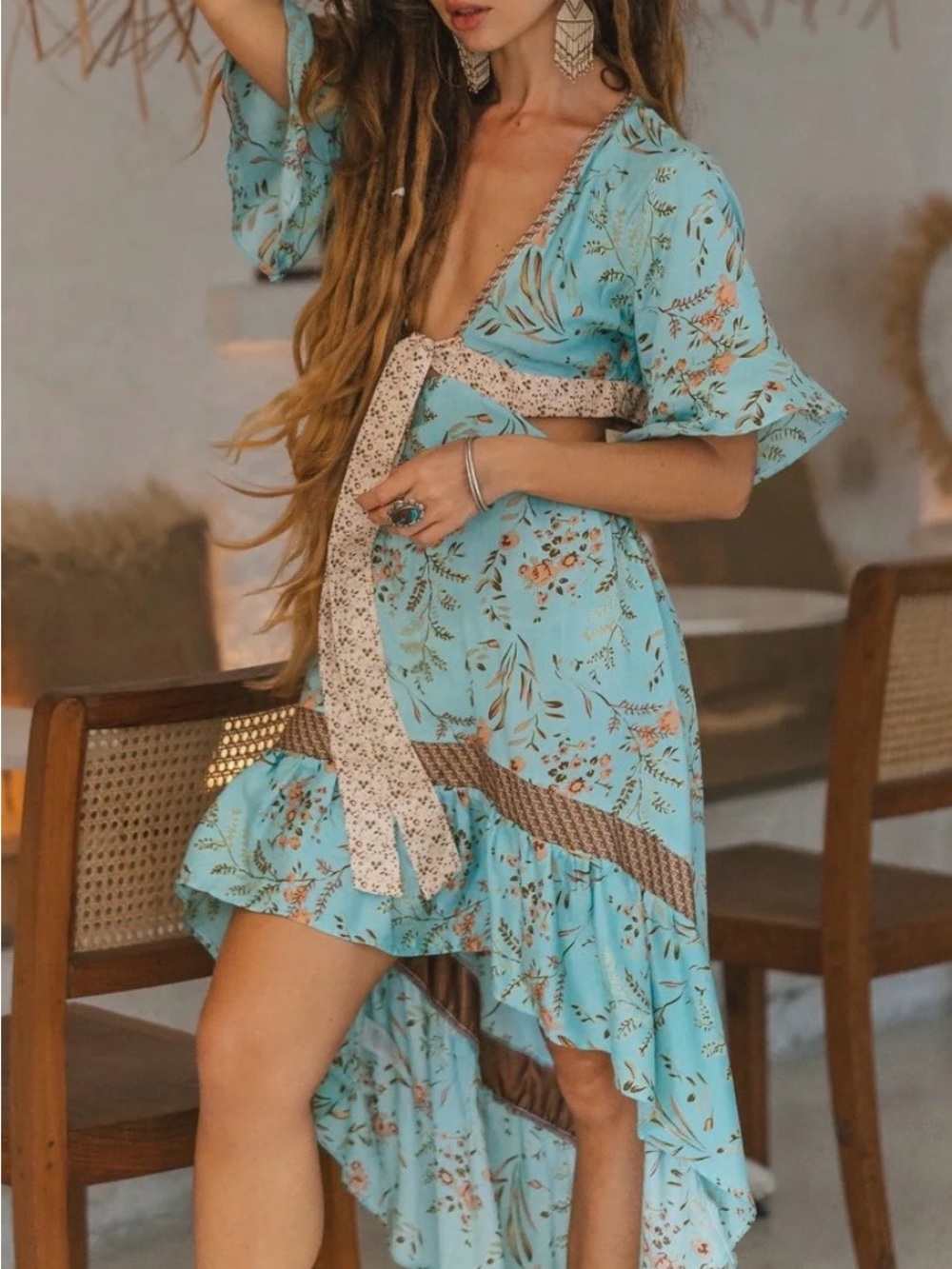 Teal Floral High-Low Wrap Dress with Waist Tie